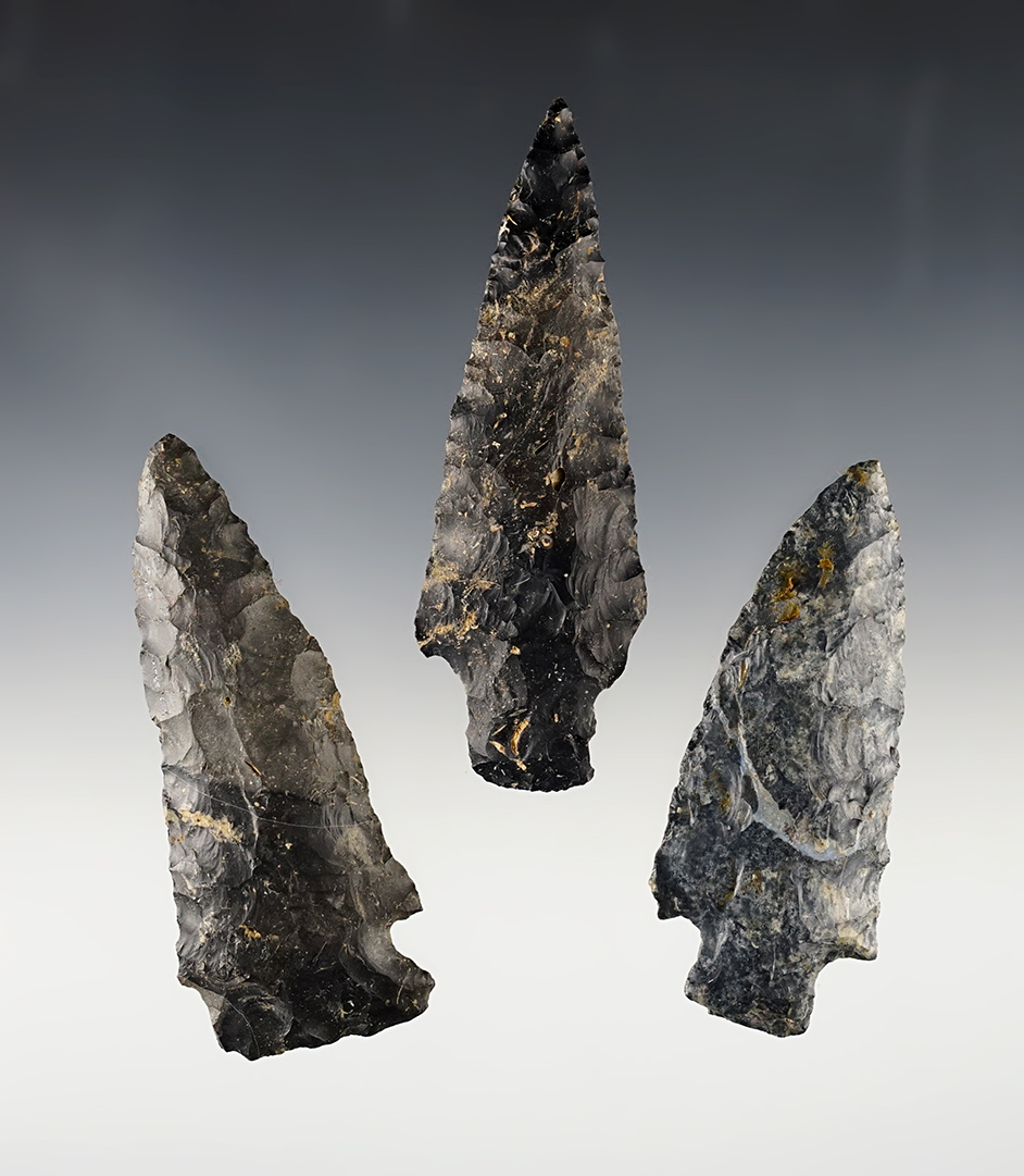 Set of 3 nice Ohio Points made from Coshocton Flint. The largest is 3 3/4".