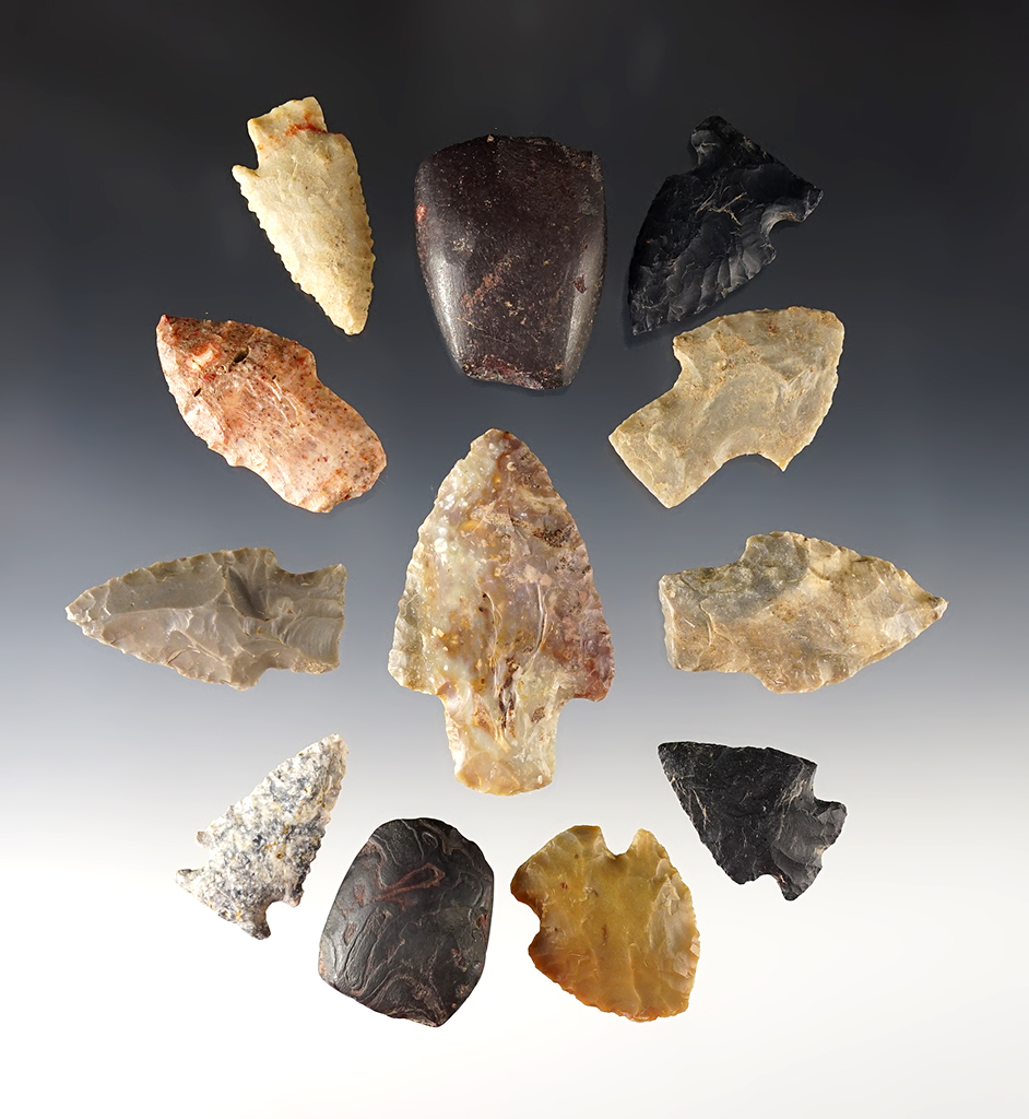 Set of 12 artifacts found by Larry Morris in Kentucky. Includes 2 Hematite Celts. 