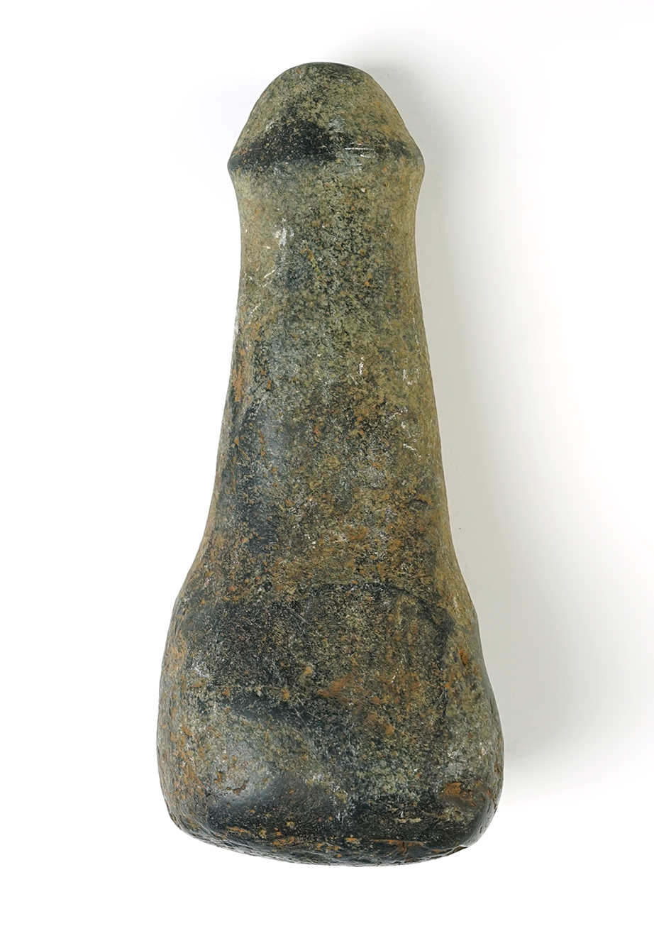8 1/2" Knobbed Bell Pestle found in southwestern Wisconsin. Made from well patinated Hardstone.