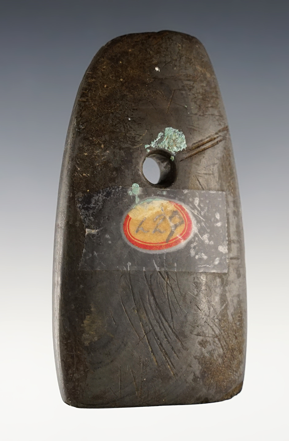 3 1/2" heavily patinated Trapezoidal Pendant - engraved with tally marks. Lucas Co., Ohio.