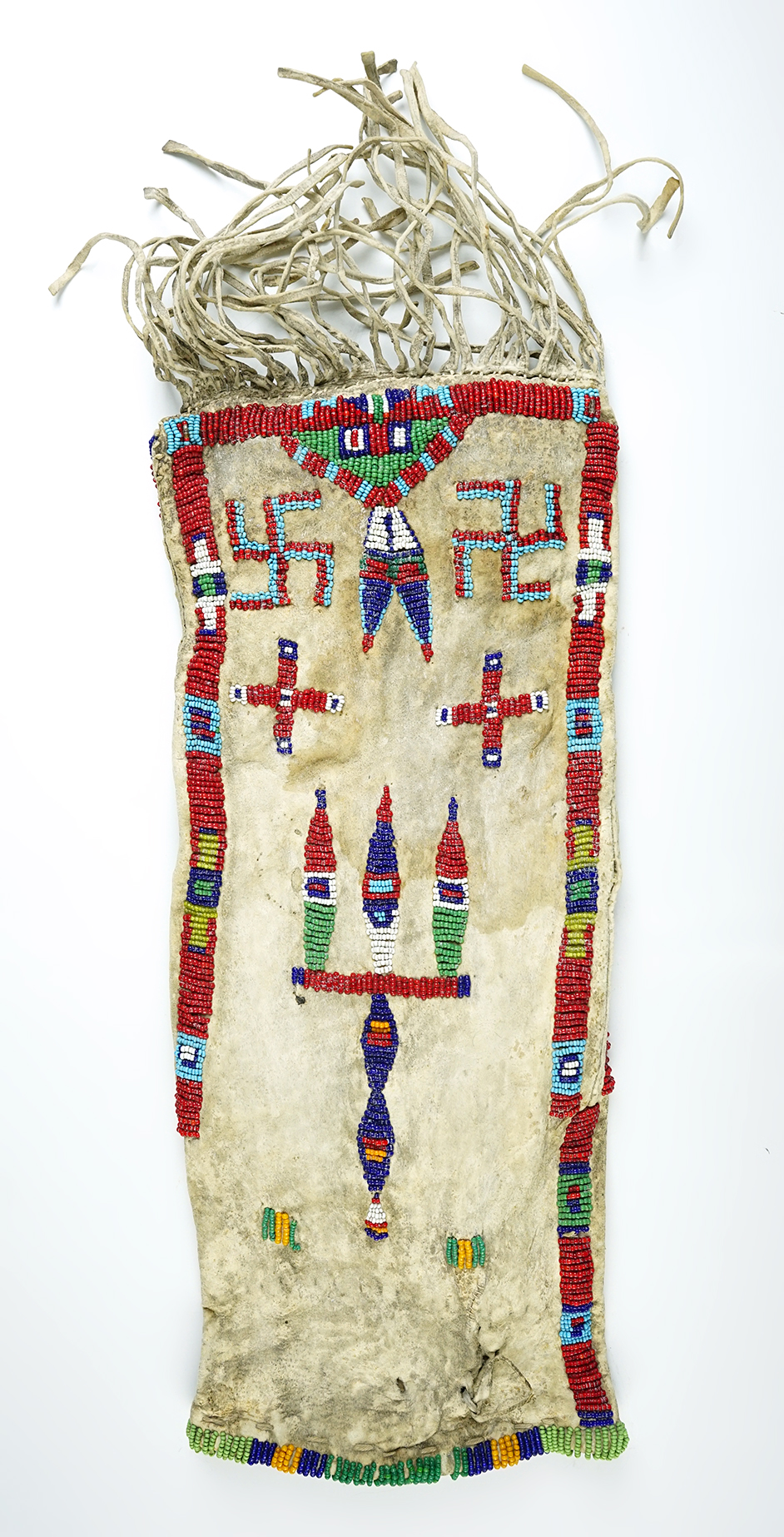 Vintage 16" x 6 1/2" beaded leather pipe bag.