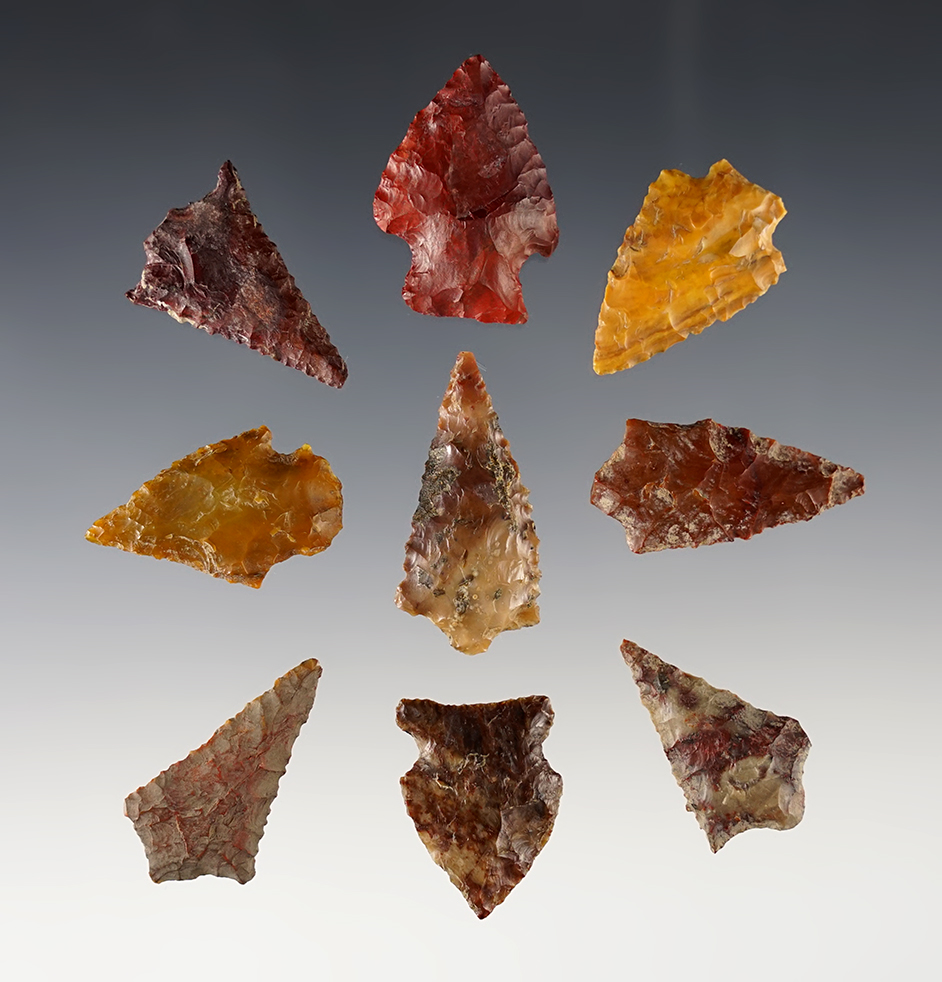 Set of 9 colorful and nicely made Points found near the Columbia River in the Washington/Oregon.