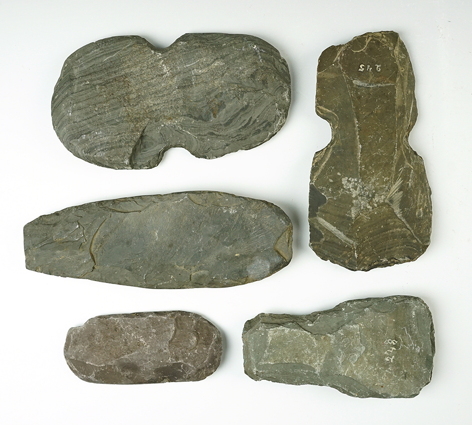 Set of 5 Pennsylvania Slate Tools including 2 Notched Hoes. The largest is 8 3/16".