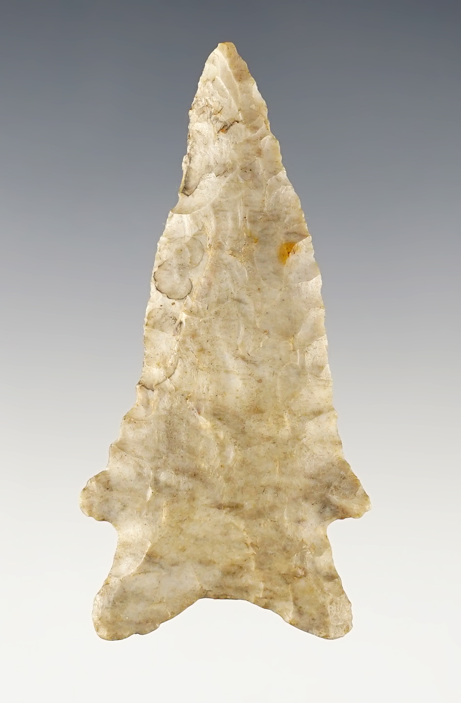 2 5/8" Archaic Bifurcate found in Morrow Co., Ohio. Nicely made from Coshocton Gray Flint.