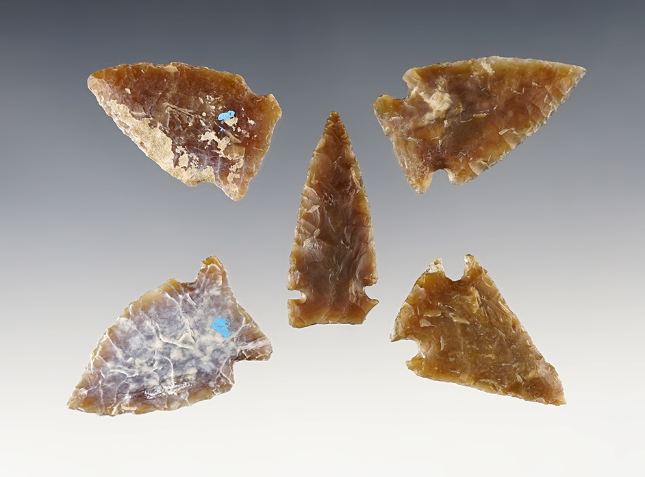 Set of 5 North Dakota area Points made from Knife River Flint. The largest is 1 9/16".