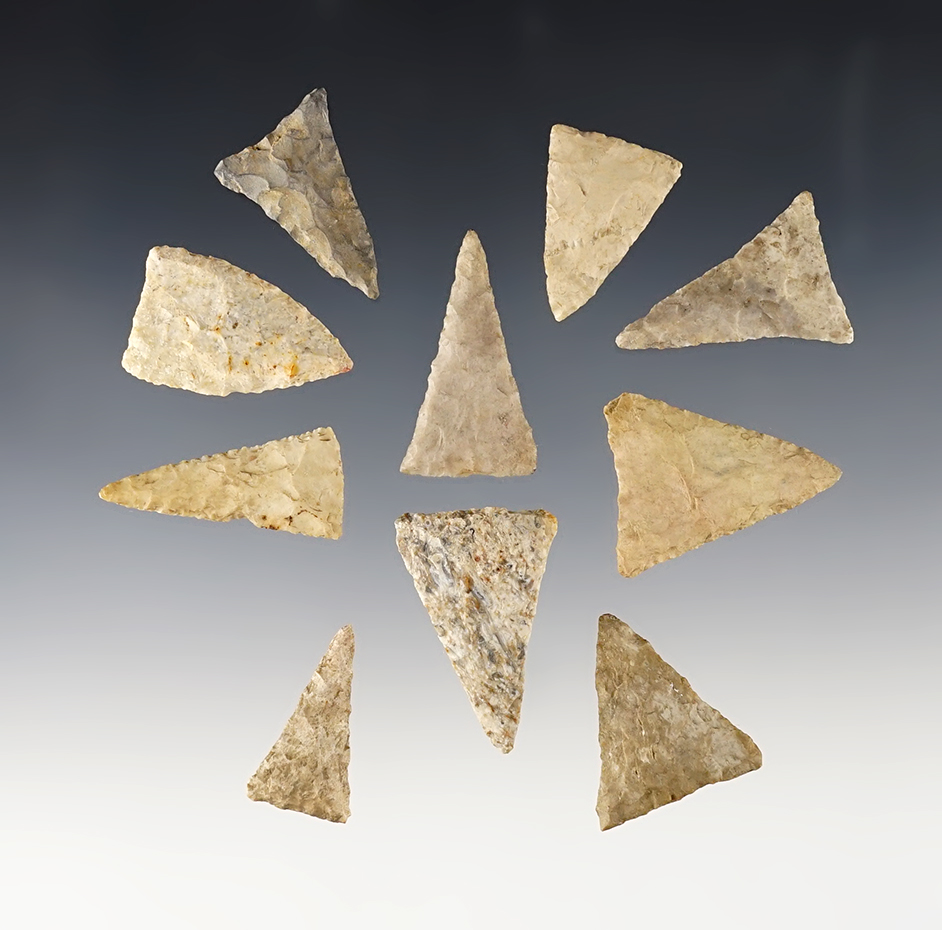 Set of 10 Indiana area Triangle Madison Points. The largest is 1 5/16".