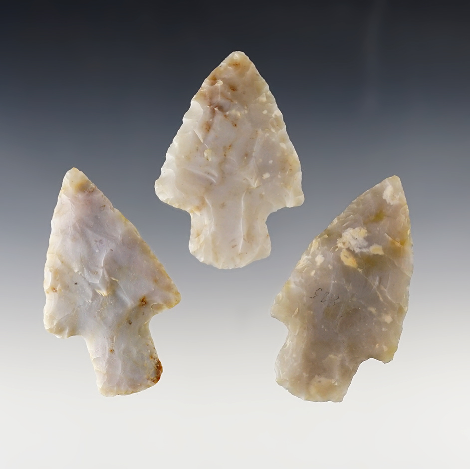 Set of 3 late Adena points made from Flint Ridge Chalcedony. All are in nice condition.