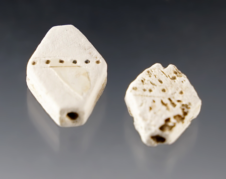 Pair of Incised Shell Beads found at the Great Gully Site in New York. The largest is 7/8".