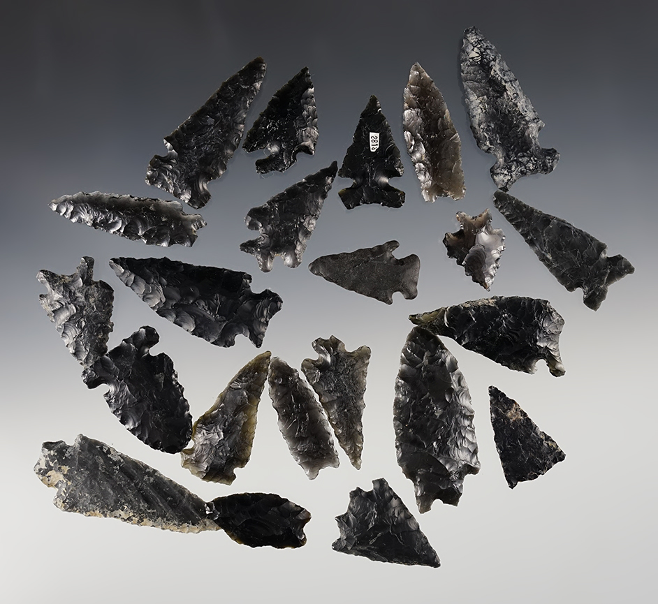Set of 22 assorted Obsidian Points found in Oregon. The largest is 2 1/8".