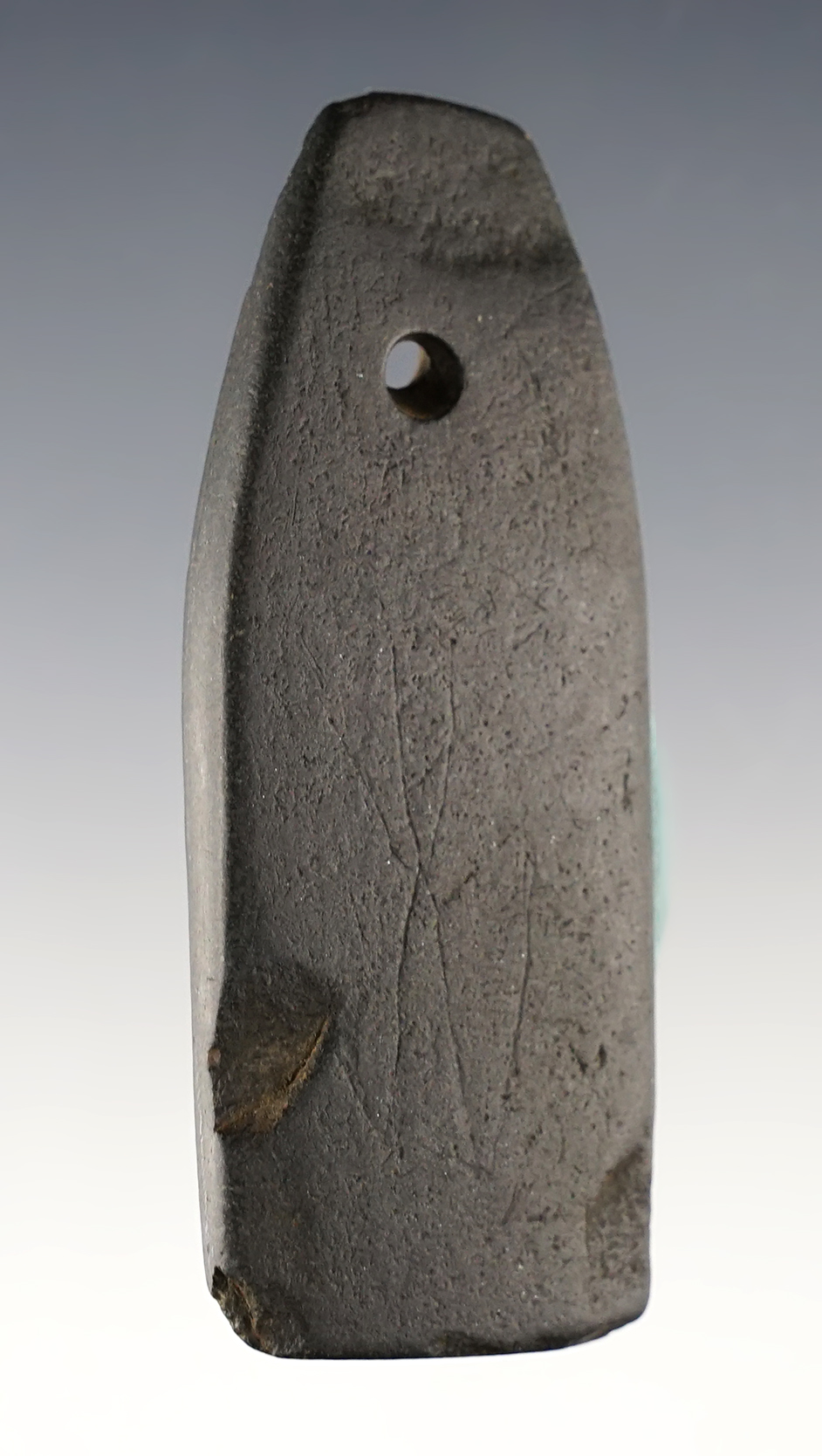 2 11/16" Pendant made from black Slate. Found in Delaware Co., Ohio. Ex. Copeland, Tiell.
