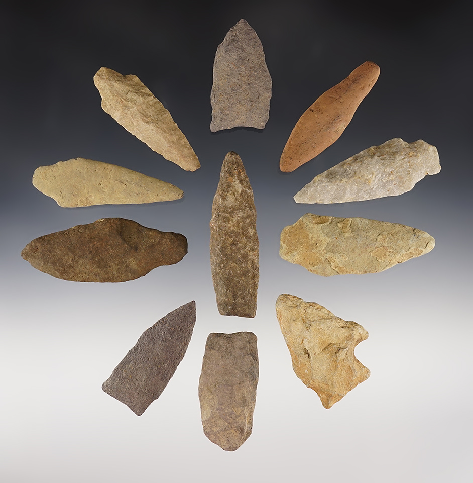 Set of 11 assorted arrowheads and knives found in the New York/New Jersey area. Largest is 2 3/4 ".