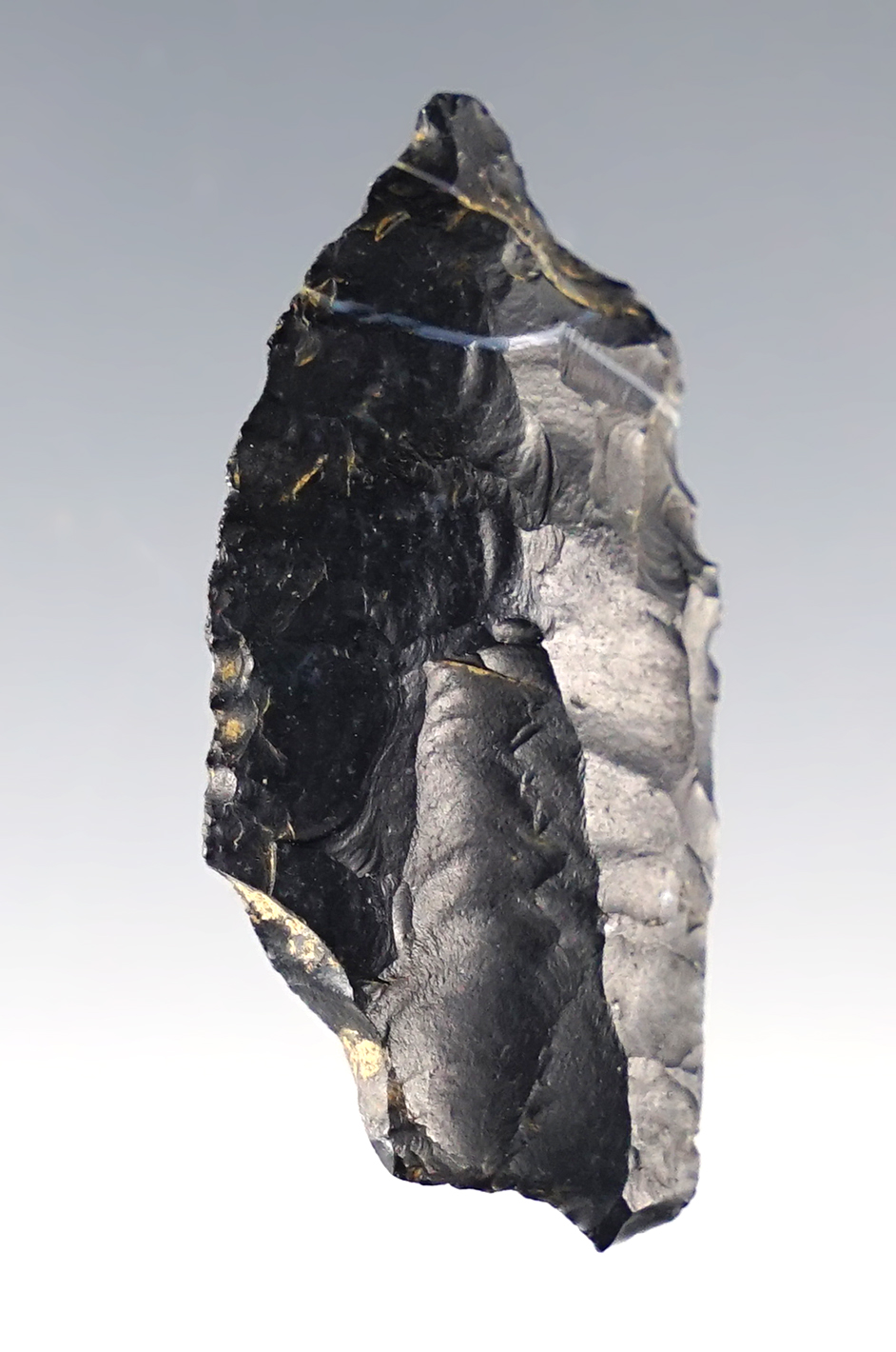 1 15/16" Fluted Ohio Paleo Clovis. Heavy ancient grinding to the lower blade edges. 