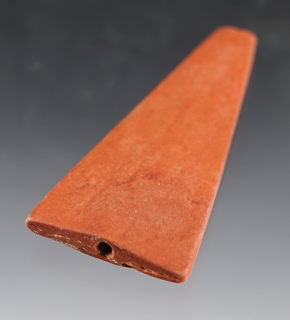 Fine 2 1/16" Trapezoidal Red Slate Bead found at the Townley-Read Site, Geneva, New York.