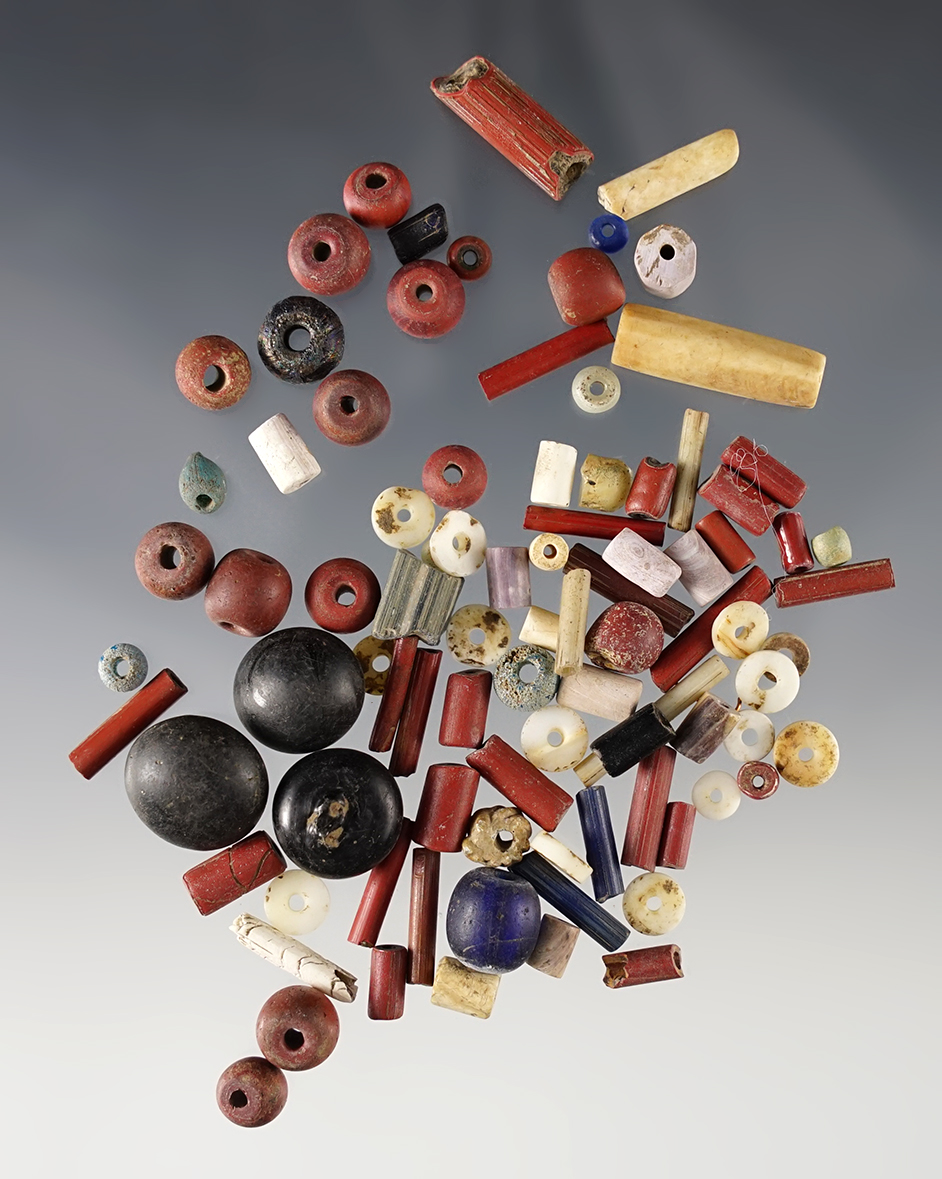 Set of various Glass & Shell Beads and Colonial Glass Buttons. Power House Site in Lima, New York. 