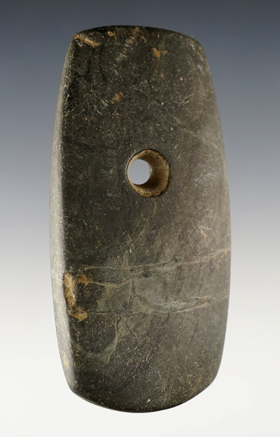 Well made 3 3/8" Adena Trapezoidal Pendant found in Warren Co., Ohio. Ex. David Root (#2846S).