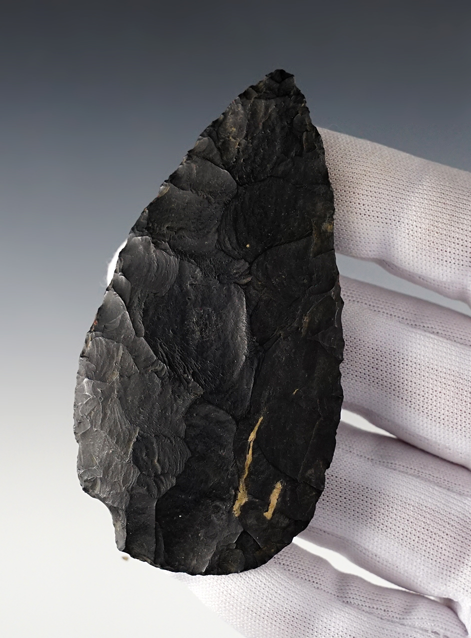3 7/16" Hopewell Blade made from black Coshocton Flint. Found in Franklin Co., Ohio.