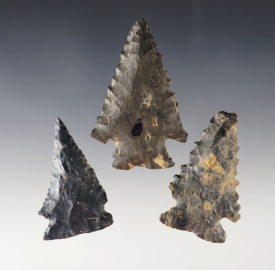 Set of 3 nice Archaic points found by Larry Morris in Ohio. Includes a Notch-Base Dovetail. 