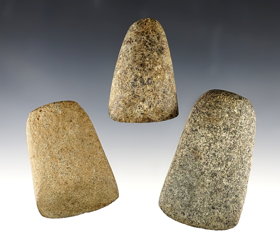 Set of 3 Ohio Hardstone artifacts including 2 Celts and 1 Adze. The largest is 2 1/8".