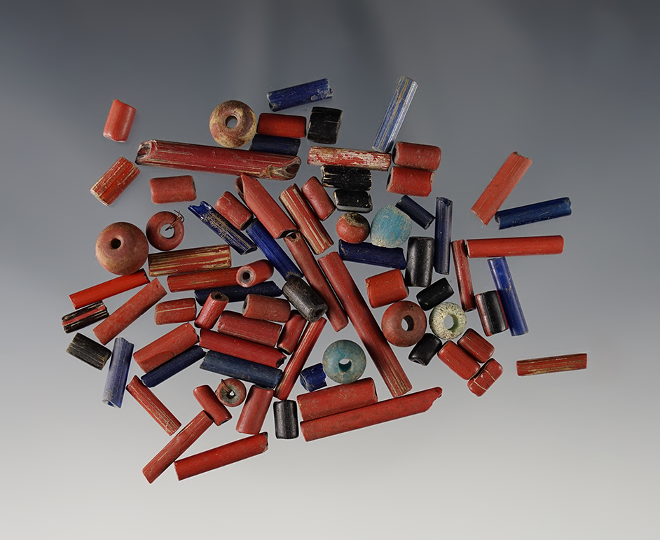 Set of approx. 95 assorted blue, red and black Trade Beads. Dann Site, Lima, Monroe Co., New York. 