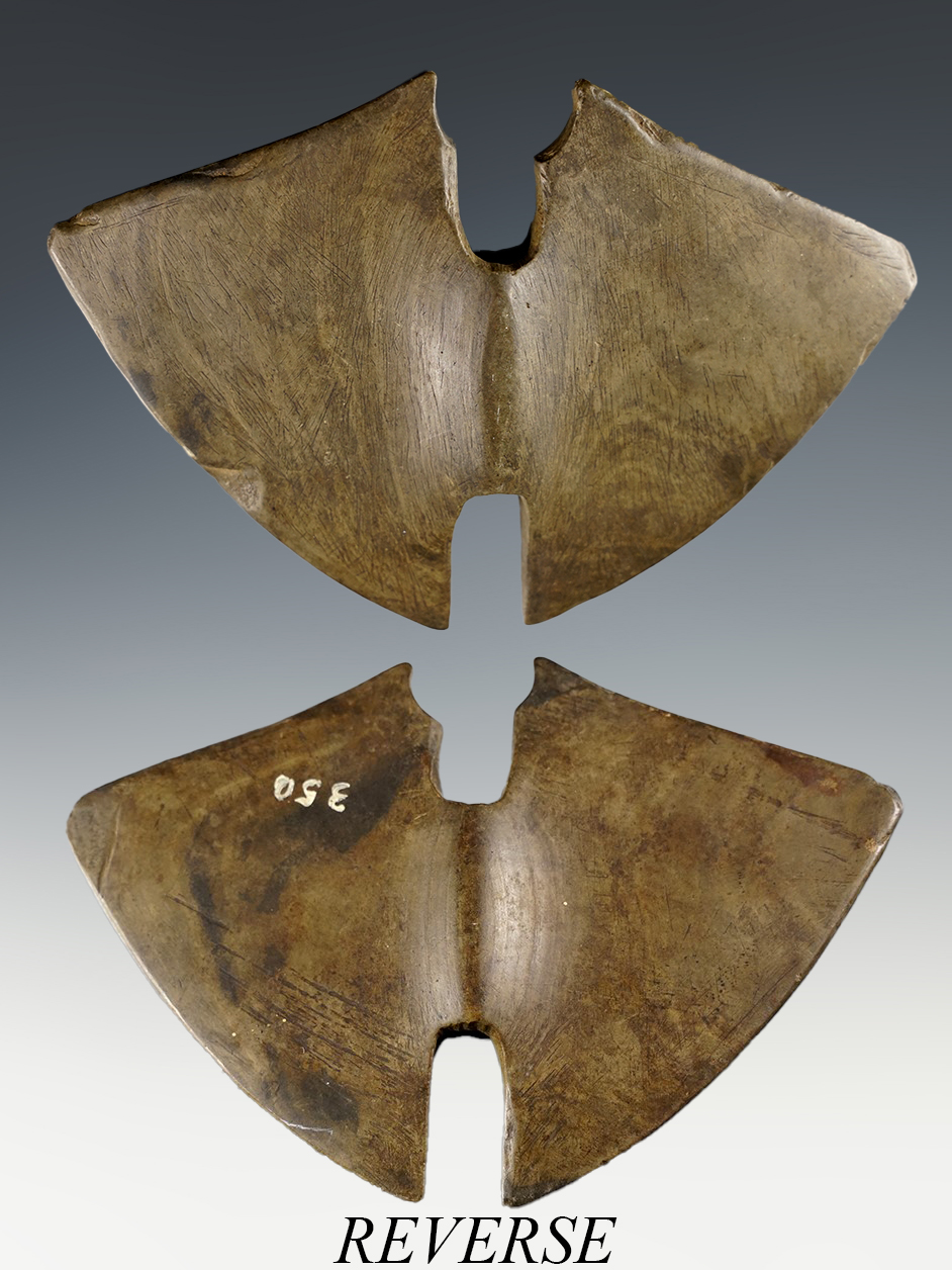 Highly stylized 5 1/2" Double-notch Winged Bannerstone - green and black Glacial Slate. Ohio.