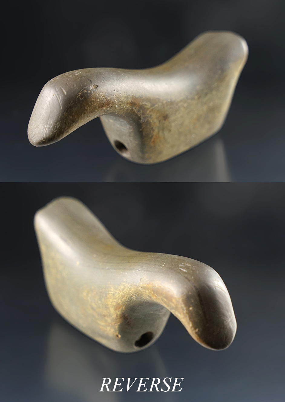 3 3/4" Glacial Kame Birdstone made from Banded Slate. Recovered in Allen Co., Ohio. Ex. Stilp.