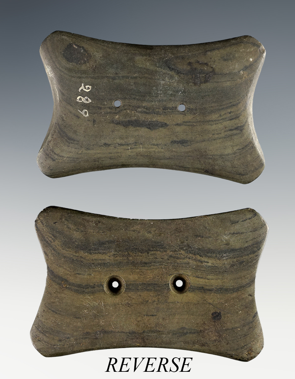 4 1/16" Adena Quadriconcave Gorget with excellent style and craftsmanship. Ohio.