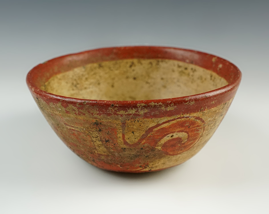 6 1/4" x 2 1/2" tall Mayan Bowl that is nicely painted with heavy mineral deposits on surface. Belize. 