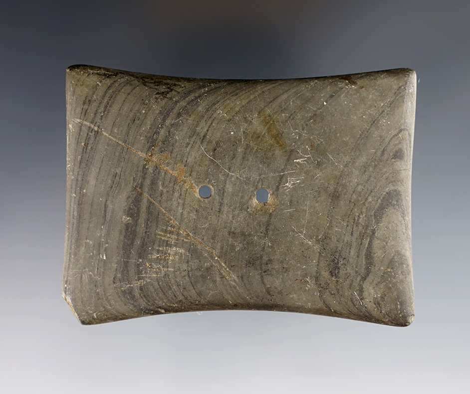 3 1/4" Quadriconcave Adena Gorget made from beautifully banded Glacial Slate. Ohio.