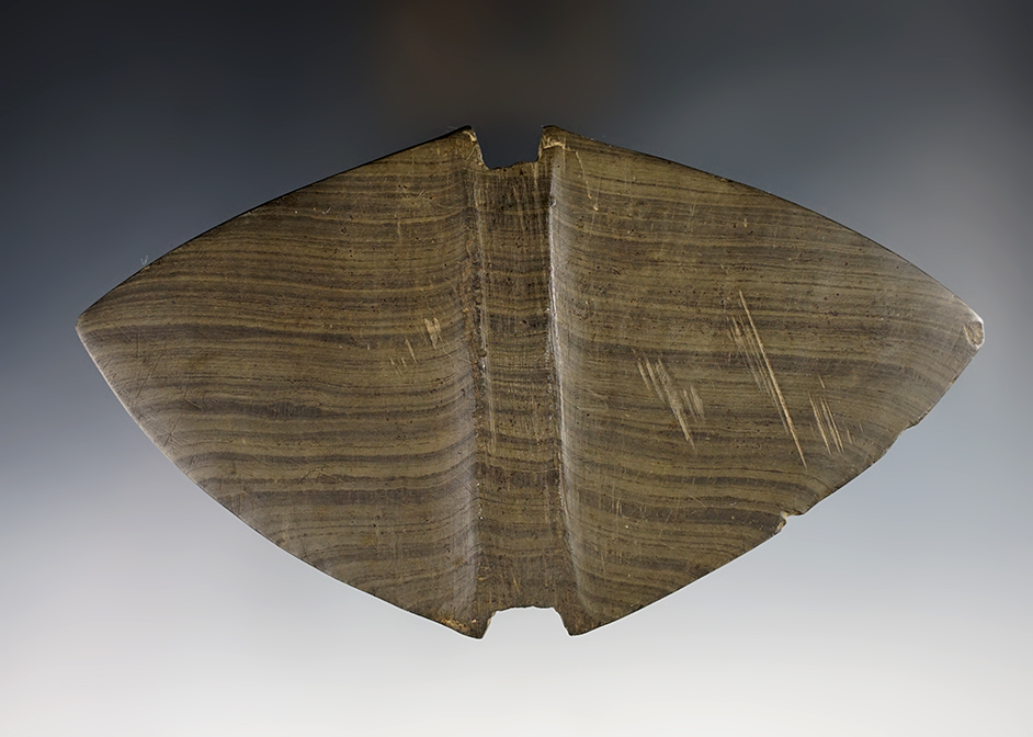 Sale highlight! 6 3/16" rare style Tie-on Double Notch Winged Bannerstone. Ohio area. 