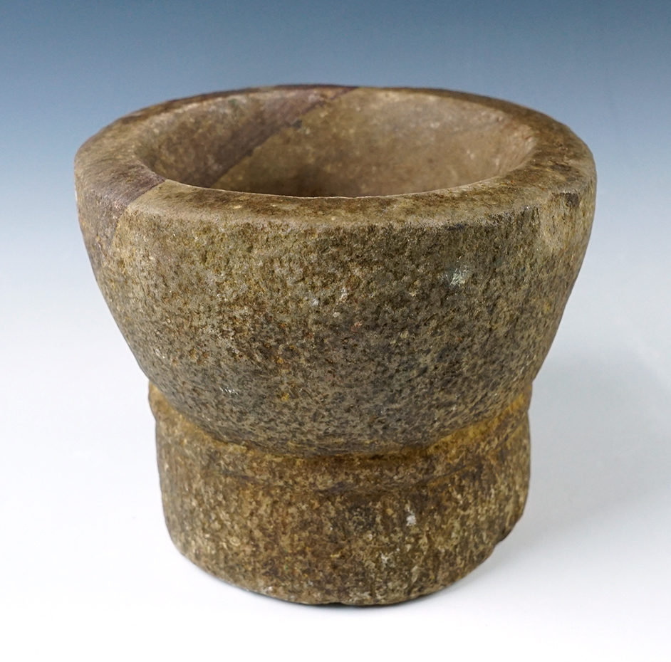 Exceptional craftsmanship on this 4 3/4" tall by 5 1/2" wide early Historic Period Stone Bowl. 