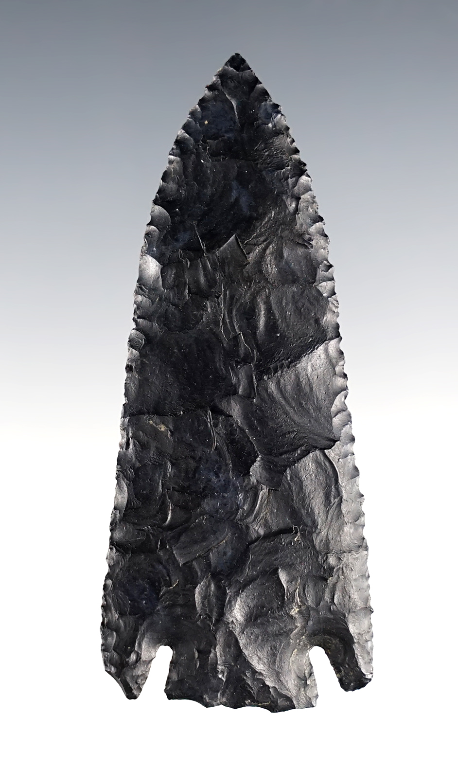 Exceptional flaking on this 3 1/8" Ohio Basal Notch made from black Coshocton Flint. 
