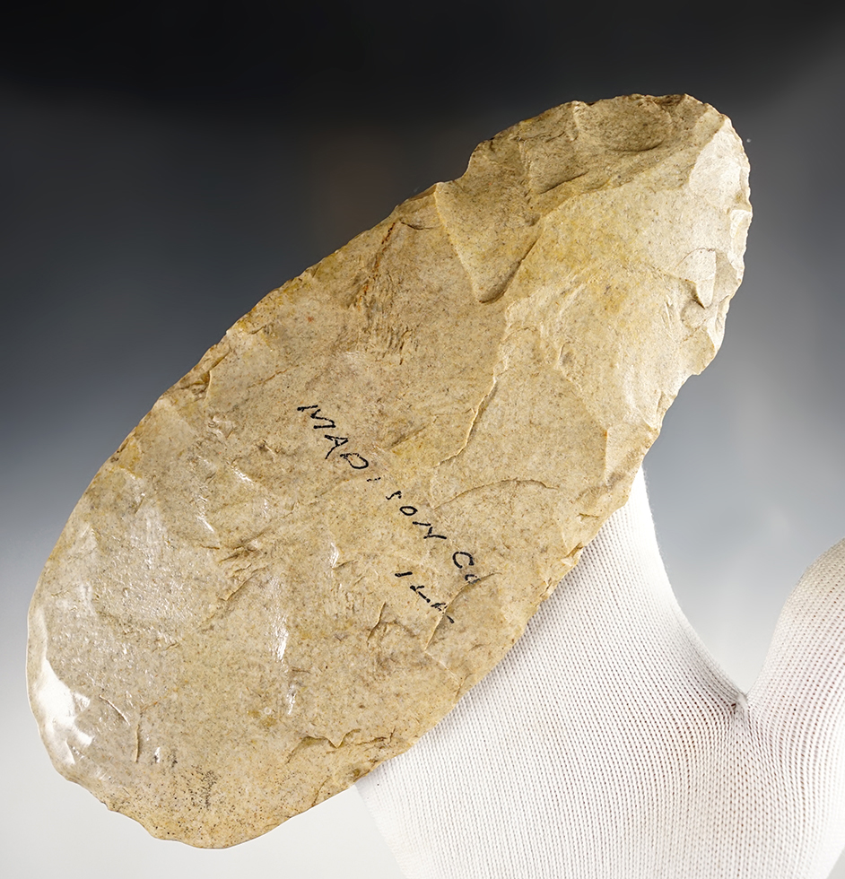 7 5/8" Mill Creek Chert Hoe with slight notches. Found in Madison Co., Illinois. 