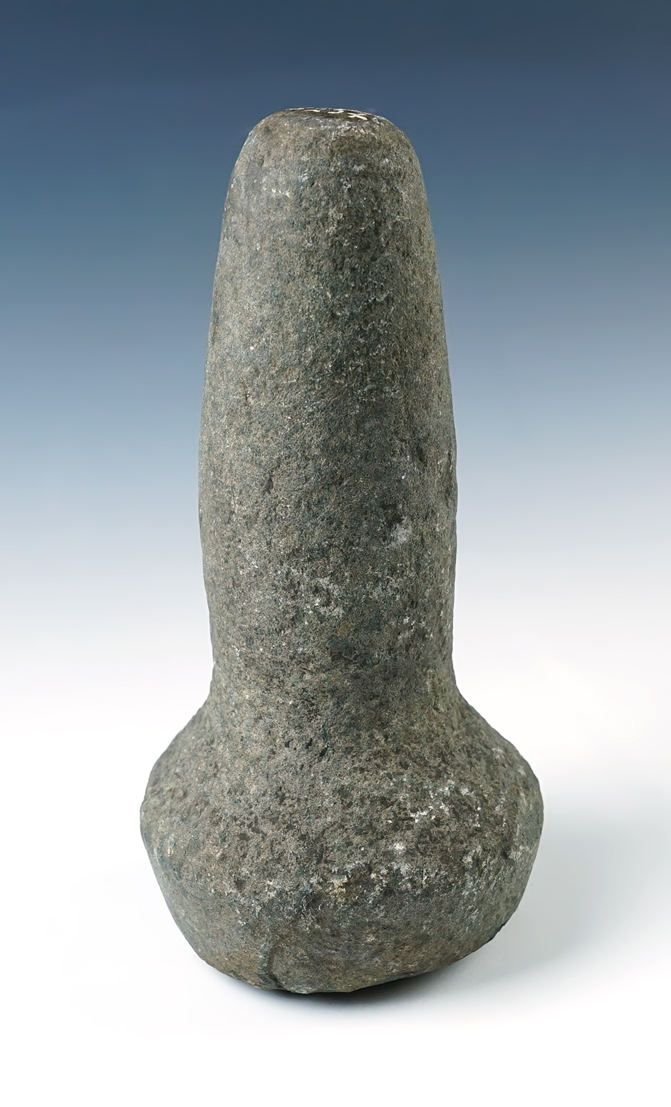 Well styled 7 1/2" Bell Pestle found in Lawrence Co., Indiana. Made from patinated Hardstone.  