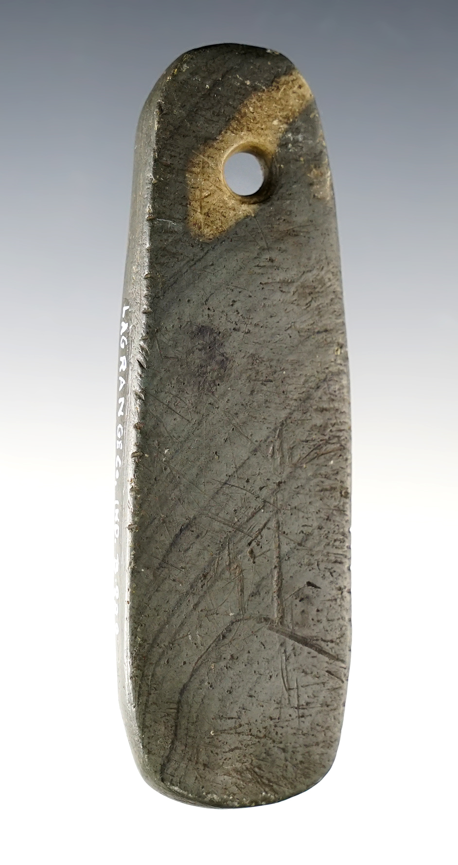 3 5/8" Banded Slate "Tear Drop" Pendant. Tallied. Found in LaGrange Co., Indiana.