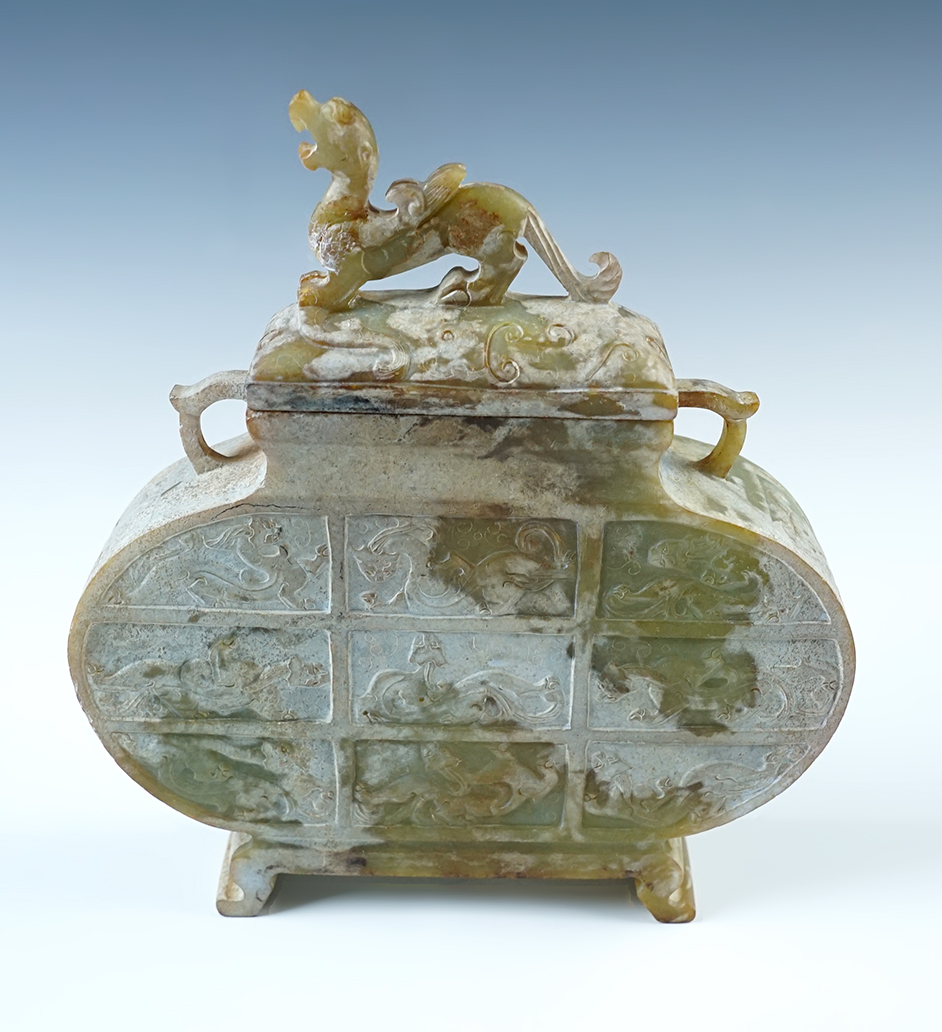 Exceptional craftsmanship 5 5/8" hand carved Lidded Container crafted from Jade. Southeast Asia. 
