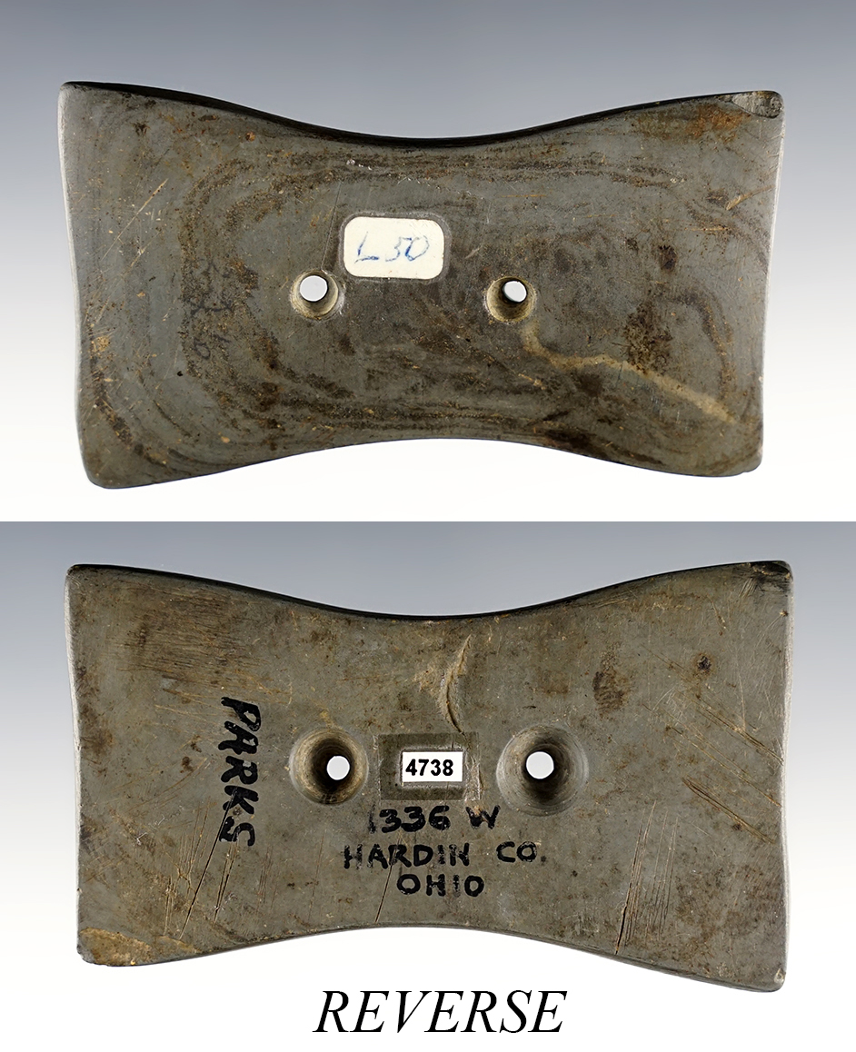 Fine 3 1/2" Quadriconcave Gorget - Hardin Co., Ohio. Engraved. Ex. Wehrle, Parks, Pictured.