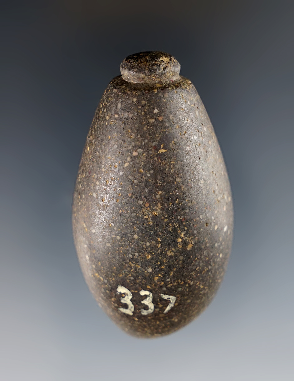 Classic style 2 1/2" Hardstone Grooved Plummet that is nicely polished. Recovered in Ohio.