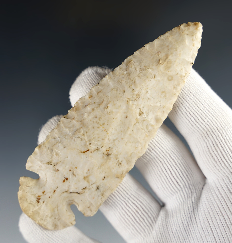 3 13/16" classic style Dovetail with fine flaking. Marion Co., Missouri. Ex. B. W. Stevens.