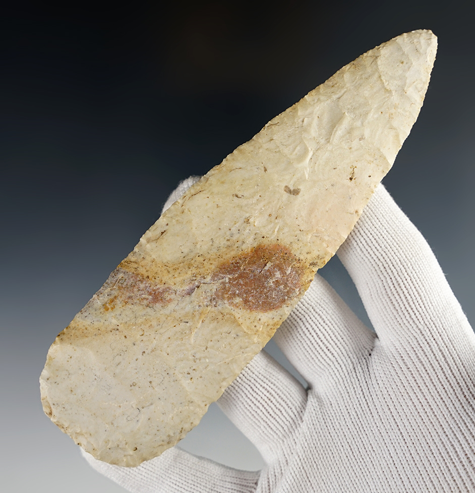 5 1/4" Stanfield Knife made from attractive multi-colored flint. Found in Cooper Co., Missouri. 