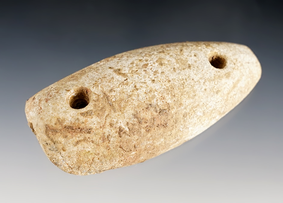 3" long Galena Boatstone that is drilled. One end was broken and salvaged in ancient times. 