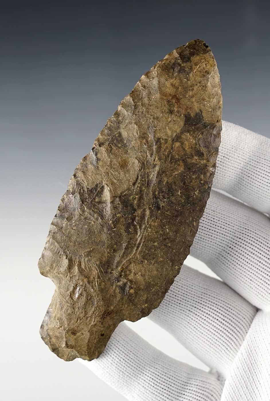 Well styled 4 3/16" Adena found near Metamora, Michigan. Made from well patinated grey Chert.