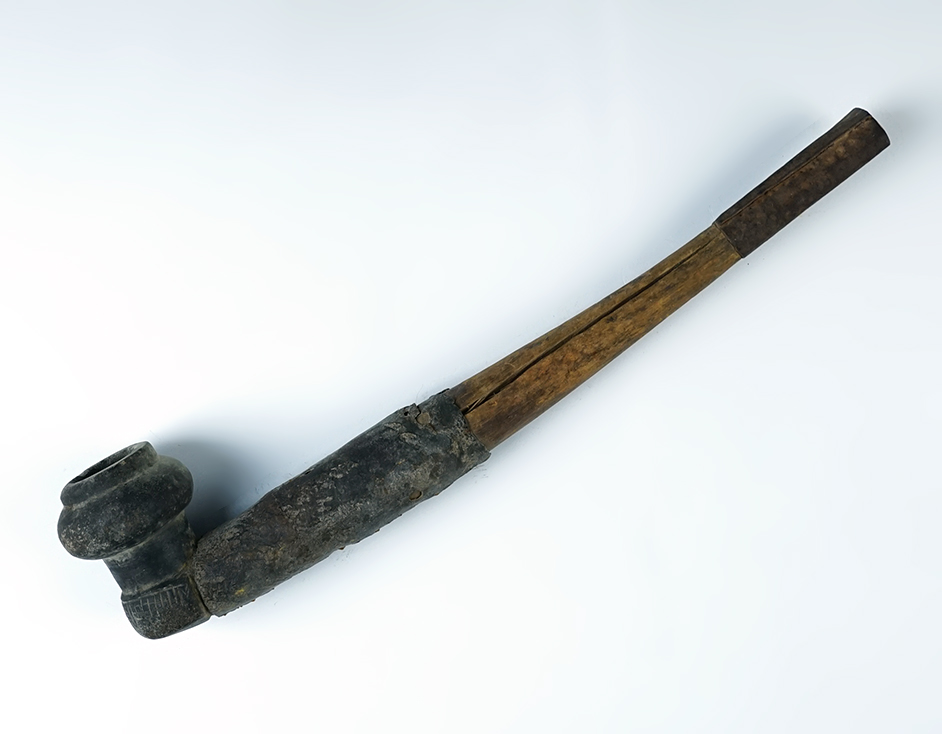 10 1/2" long vintage Arabic Pipe made from wood, leather and clay. 