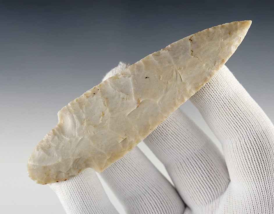 Well styled and nicely flaked 4 3/8" Adena found in Missouri. Nice mineral deposits on surface. 