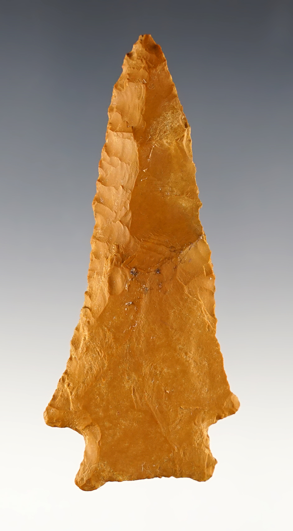 3 1/4" Archaic Point that is steeply beveled. Found in St. Francis Co., Missouri. Ex. Bushey.