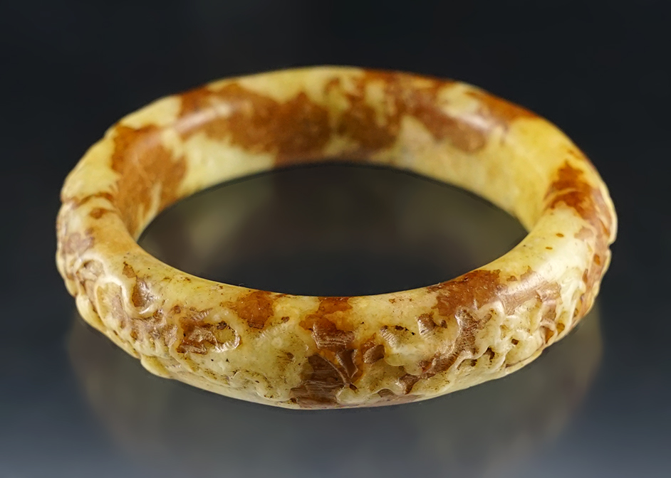 3 3/8" diameter vintage Jade Bracelet w/ delicate engravings. Southeast Asia. Exact age unknown. 