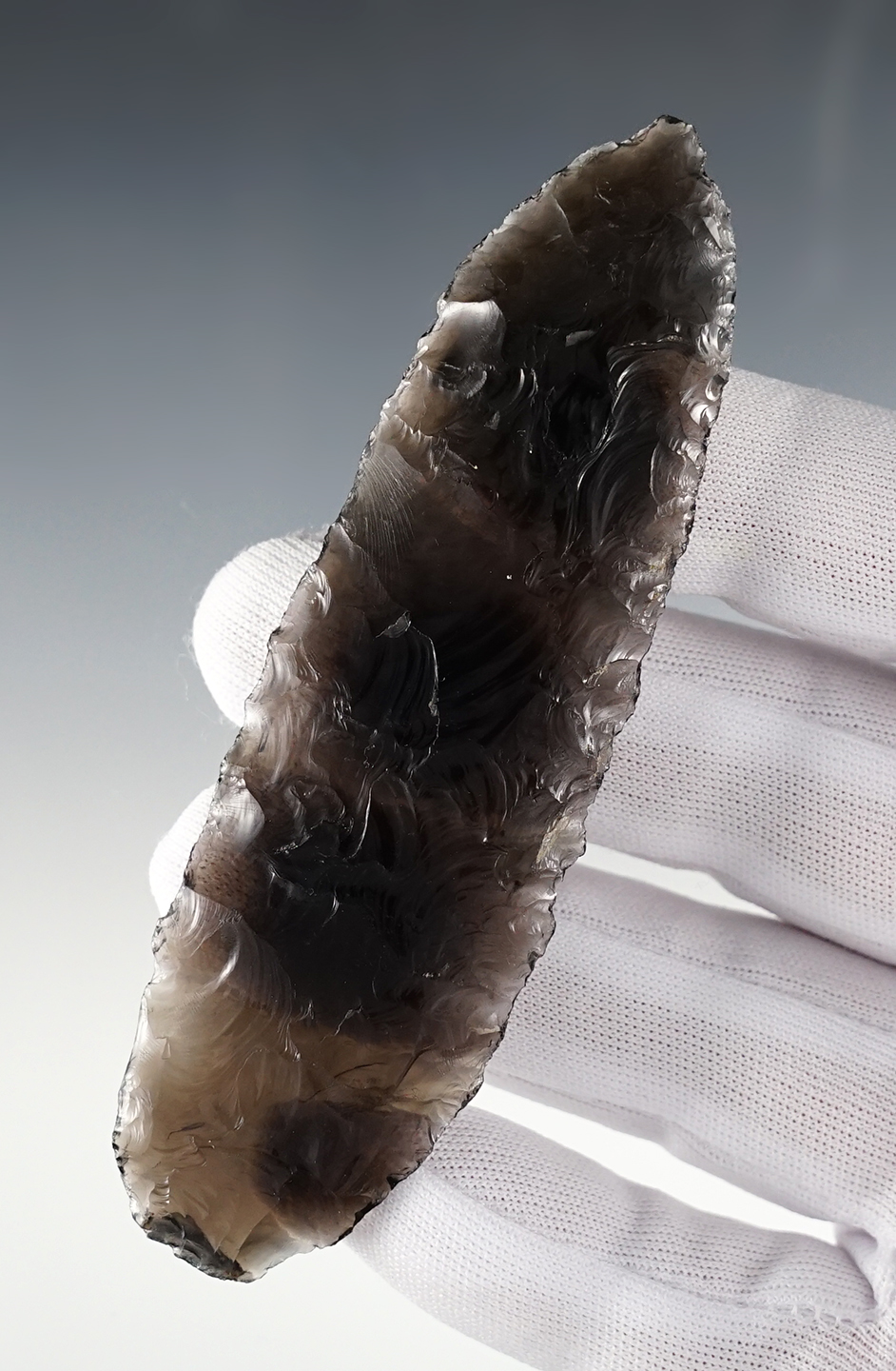 4 3/16" knife made from beautifully translucent obsidian recovered in Harney Co., OR.