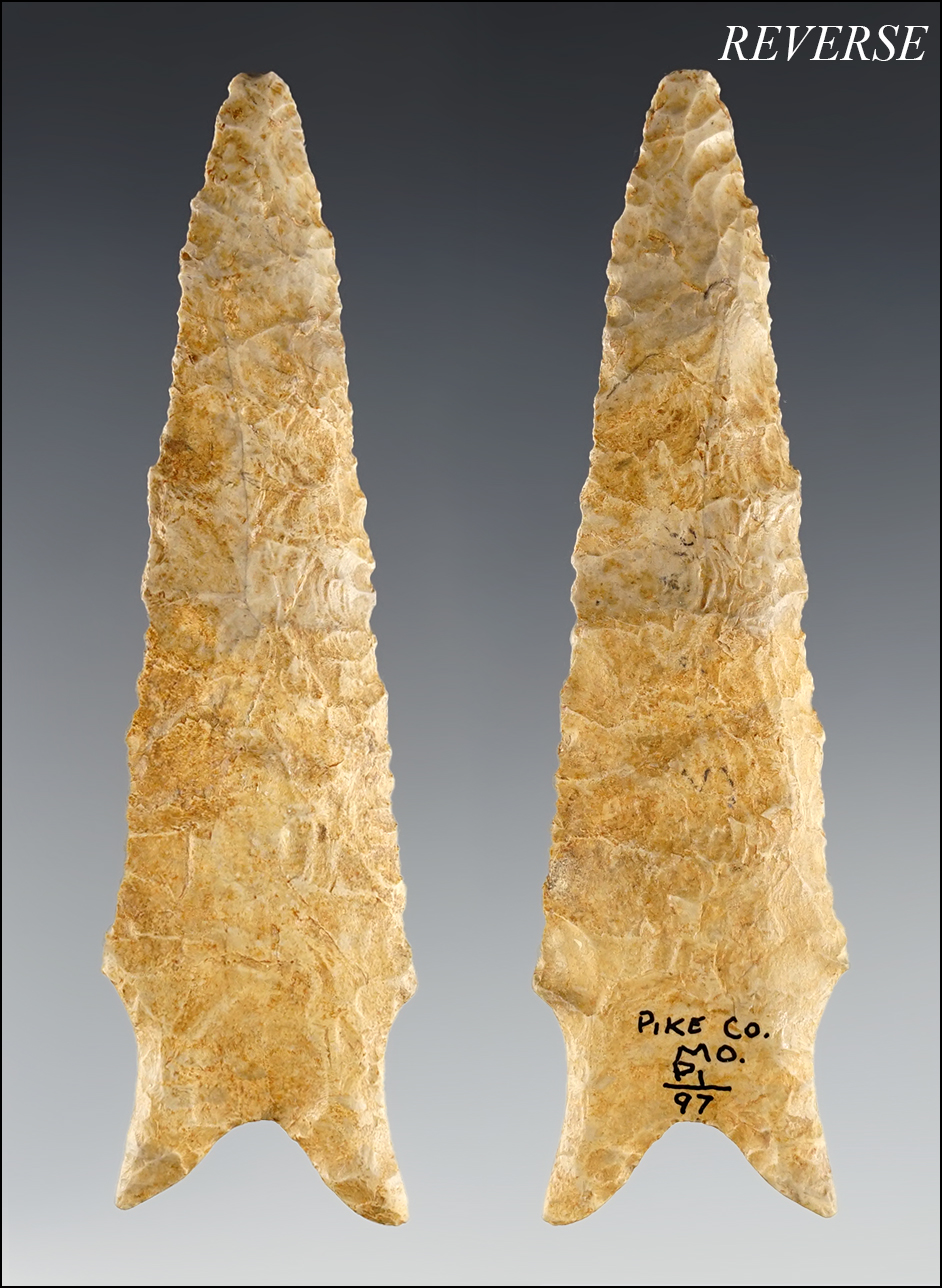 Large and well styled 4 5/8" Dalton made from nicely patinated Flint. Pike Co., Missouri. 