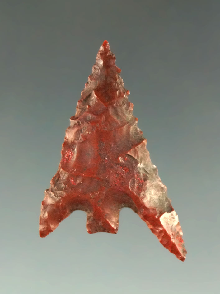 1 1/4" Gunther point made from attractive red Jasper found in southern Oregon. Ex. Shewey.