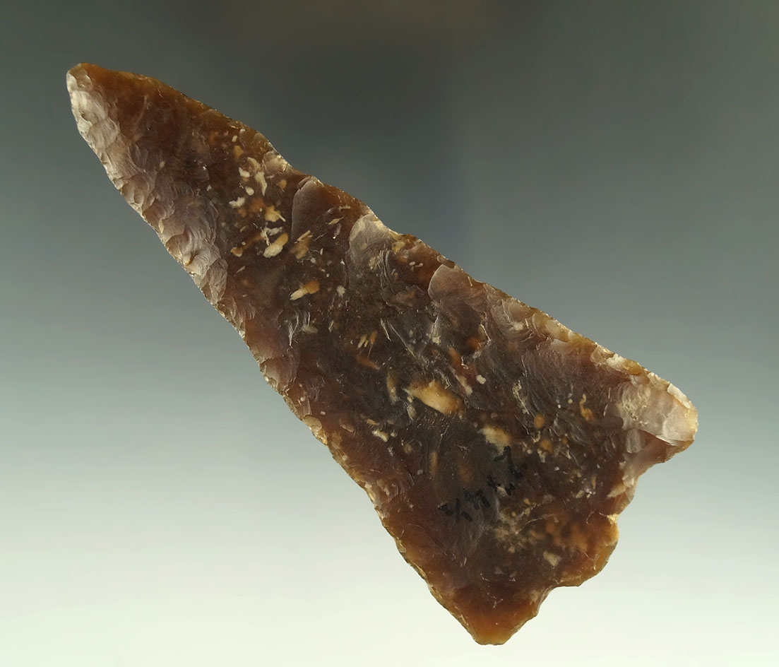 4 3/8" Knife River Flint Besant knife found in the Dakotas.  Davis COA. Ex. Charles Shewey.