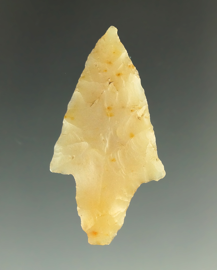 1 9/16" Yerba Buena point that is nicely styled from semi translucent chalcedony.